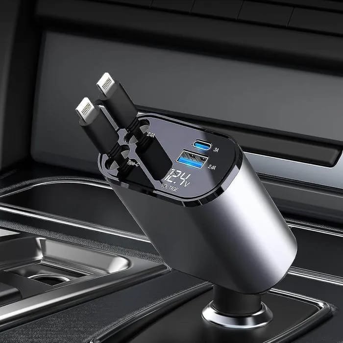 4-in-1 Car Charger Cable with Digital Voltage Display – 800mm