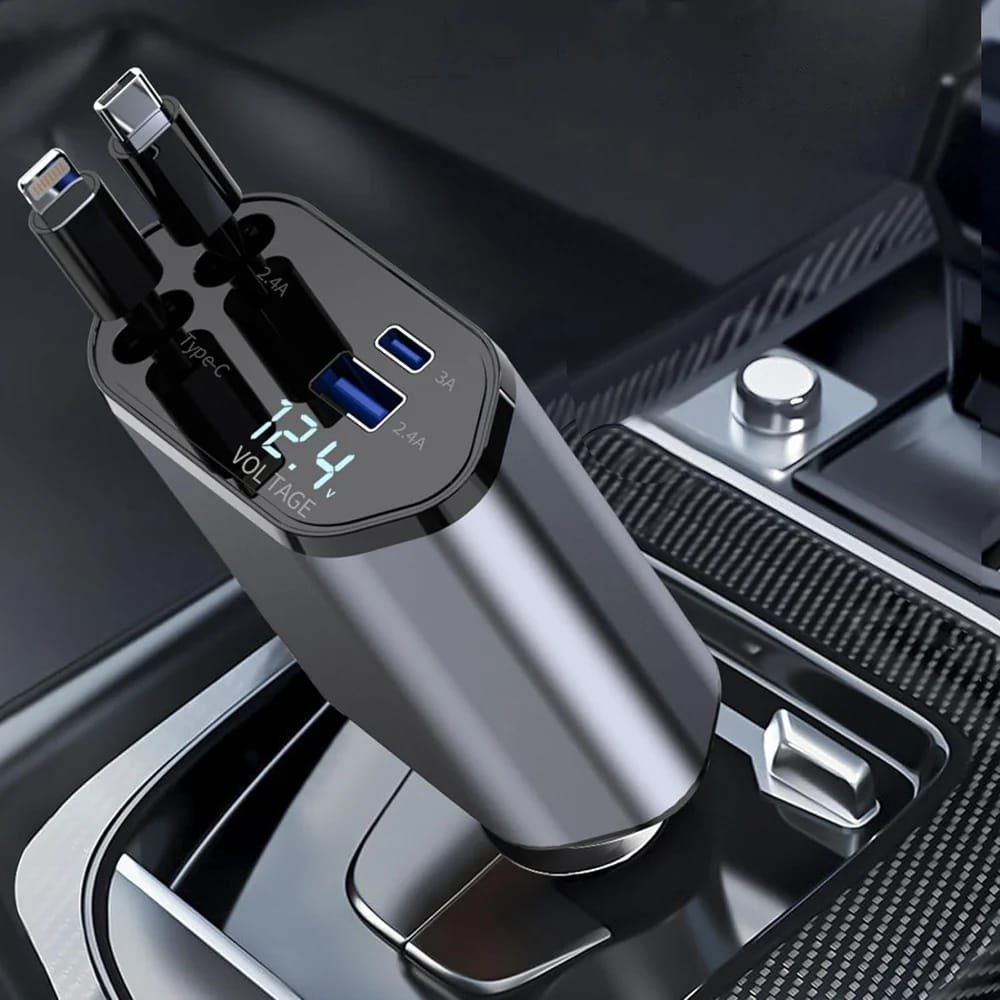 4-in-1 Car Charger Cable with Digital Voltage Display – 800mm