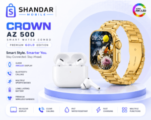CROWN AZ500 Smart Watch Combo with Wireless Earbuds – Premium Gold Edition