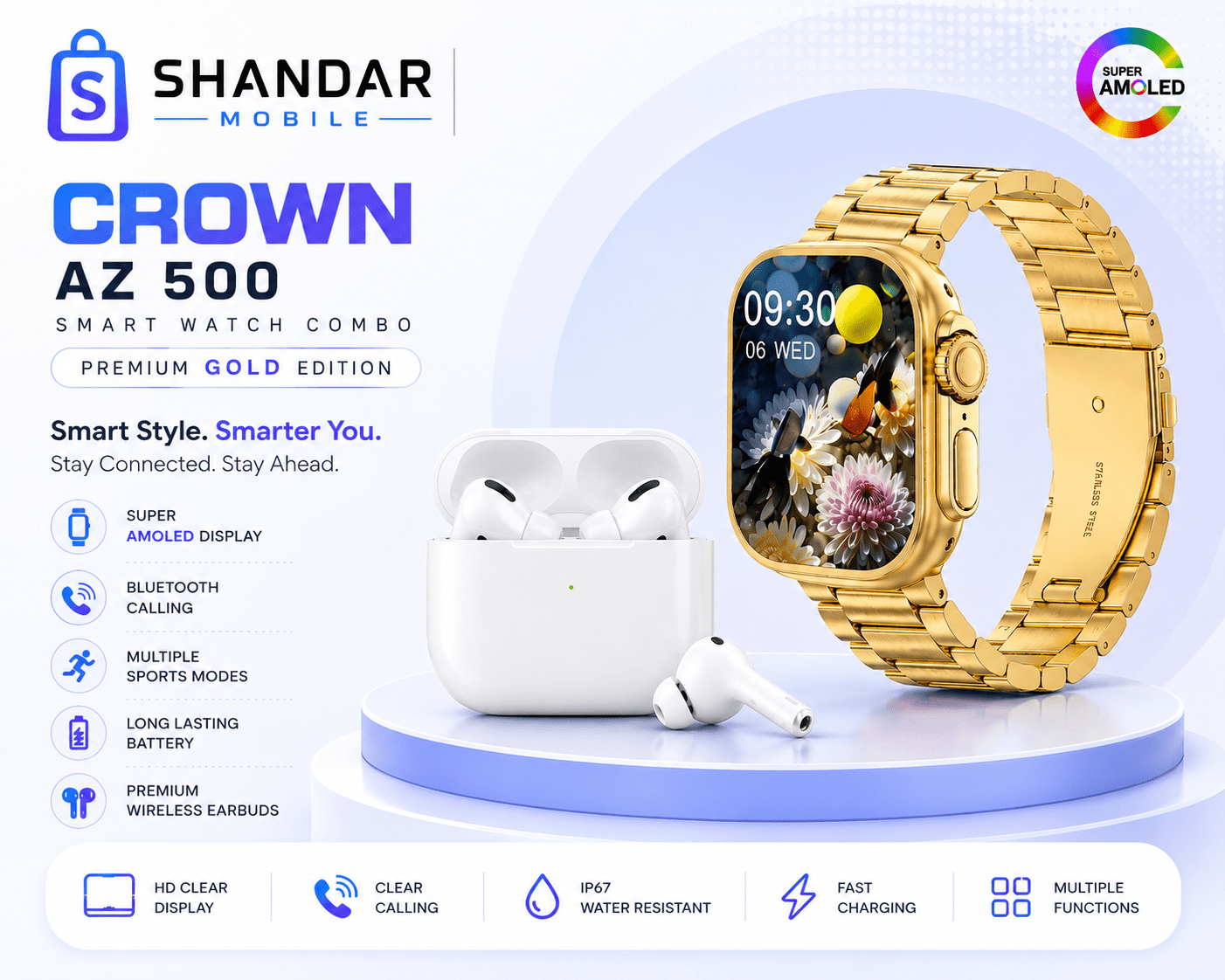 CROWN AZ500 Smart Watch Combo with Wireless Earbuds – Premium Gold Edition