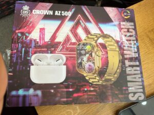 CROWN AZ500 Smart Watch Combo with Wireless Earbuds – Premium Gold Edition