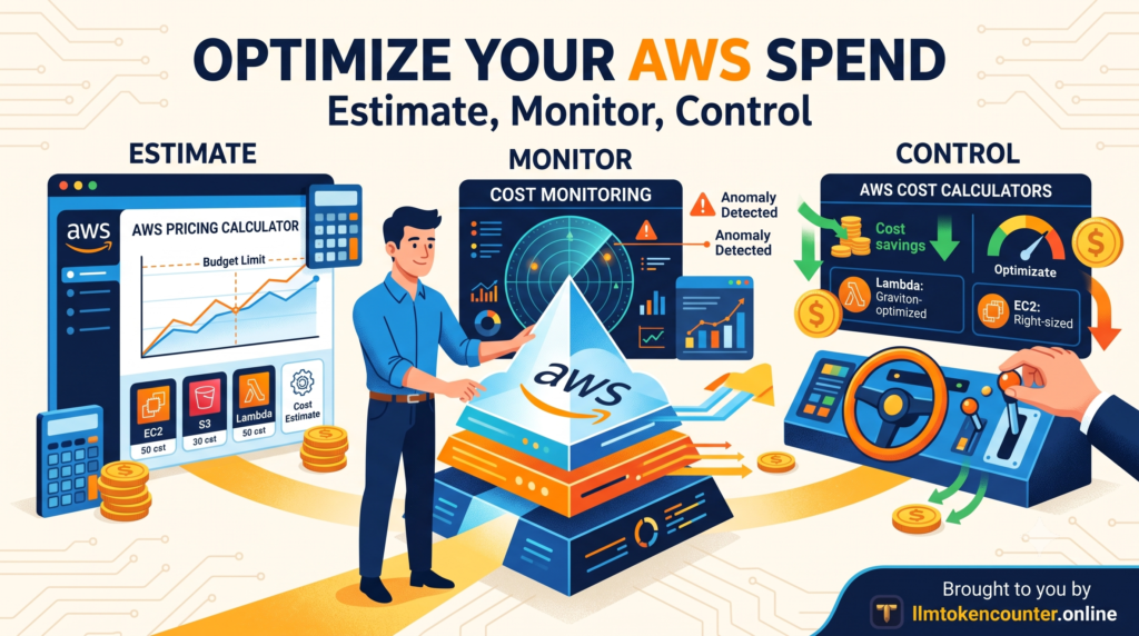 An informative infographic titled "ESTIMATE. MONITOR. OPTIMIZE. Master Your AWS Cloud Spend," illustrating the three-step process for managing AWS costs with a central engineer and relevant data dashboards.